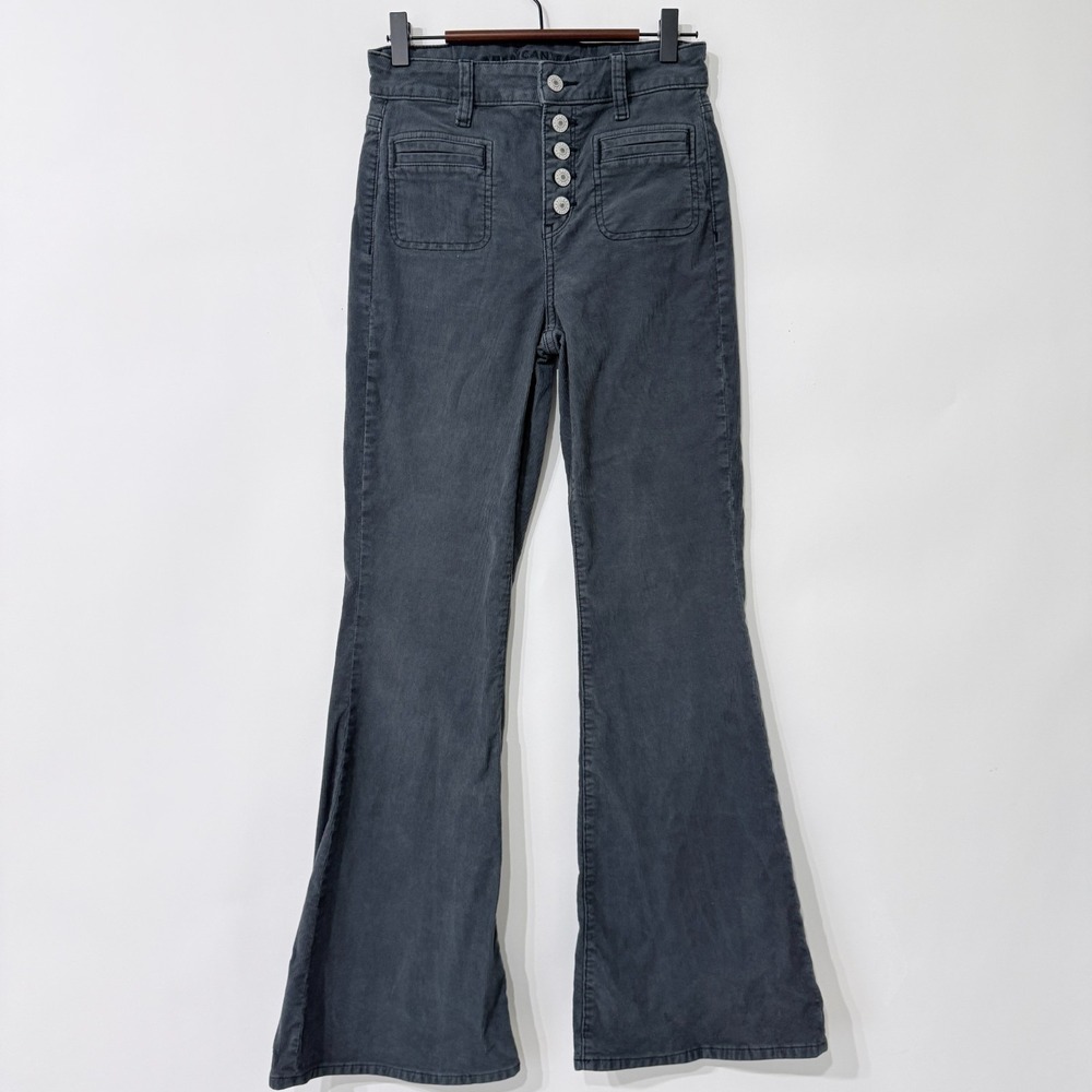 American Eagle Super Hi Rise Flare Corduroy Pants Womens Size‎ 0 Gray Button Fly